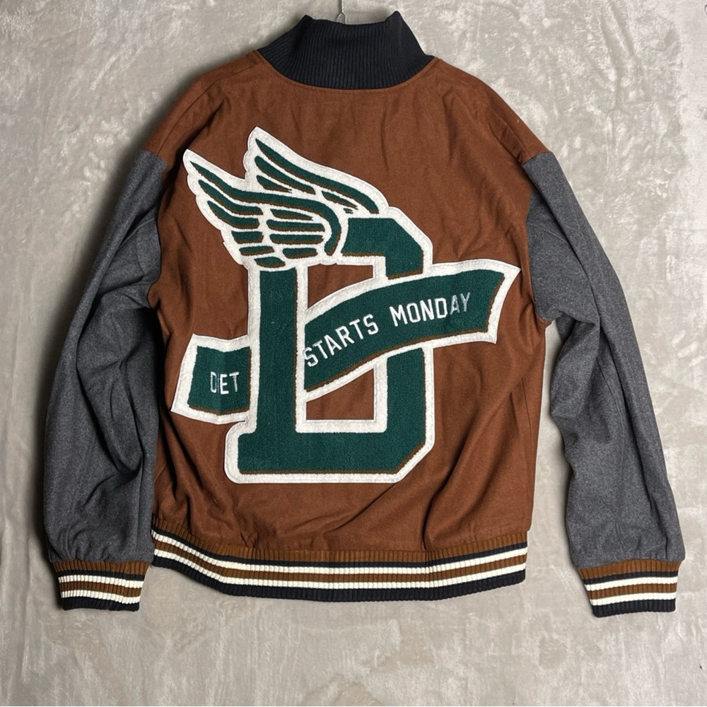 Diet Starts Monday Brown Green Letterman Varsity Bomber Jacket Size L NEW W TAGS